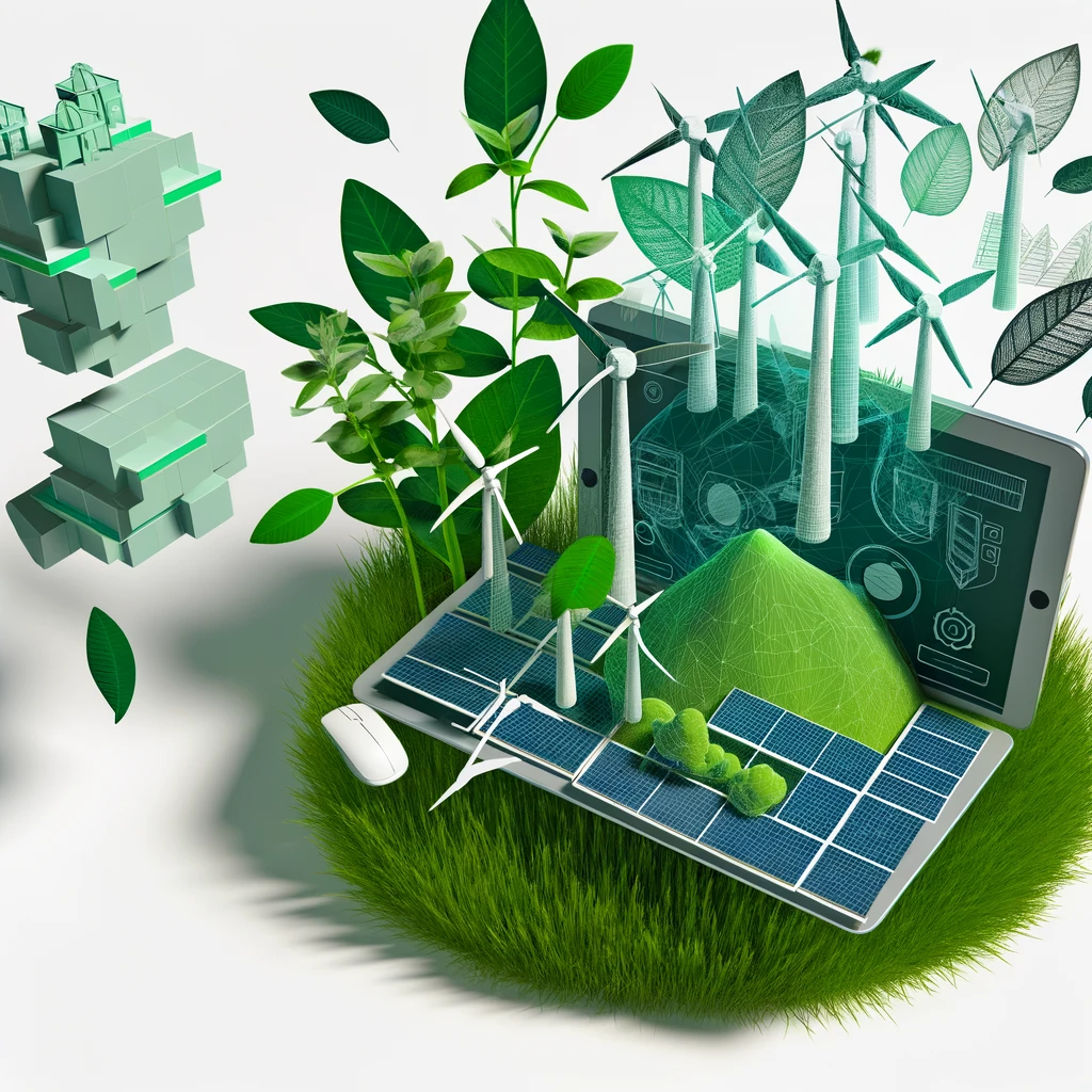 Digital workspace with 3D modeling software on a computer screen, surrounded by green plants, wind turbines, and solar panels, symbolizing sustainable design in digital arts