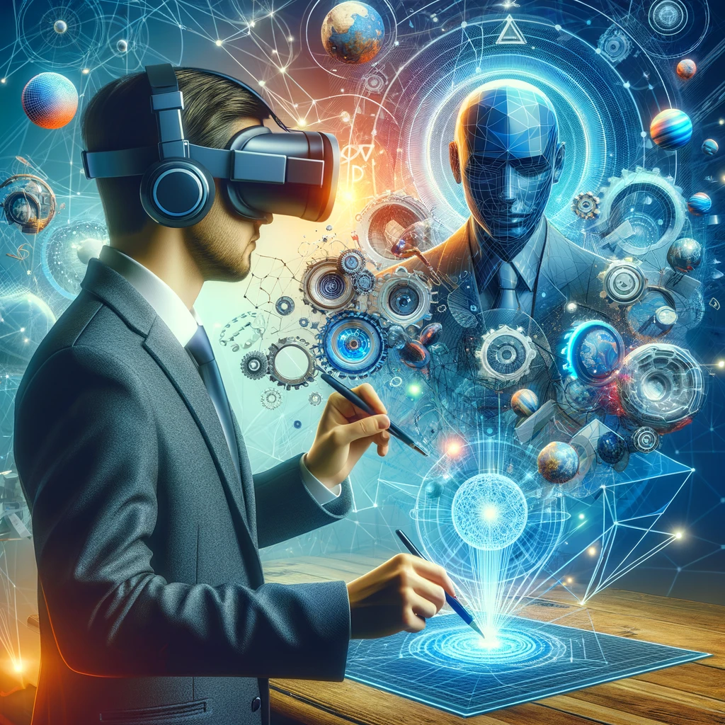 A designer wearing a VR headset, immersed in a virtual environment, interacting with a complex 3D model surrounded by futuristic elements and tools, symbolizing the blend of reality and virtual reality in creative design