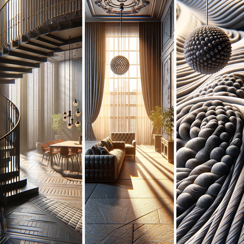 A highly detailed 3D model of an interior space, showcasing realistic lighting and textures.
