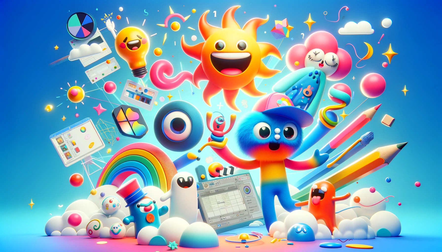 Whimsical character created in Blender, surrounded by colorful lighting effects and playful textures in a cartoon-style environment.