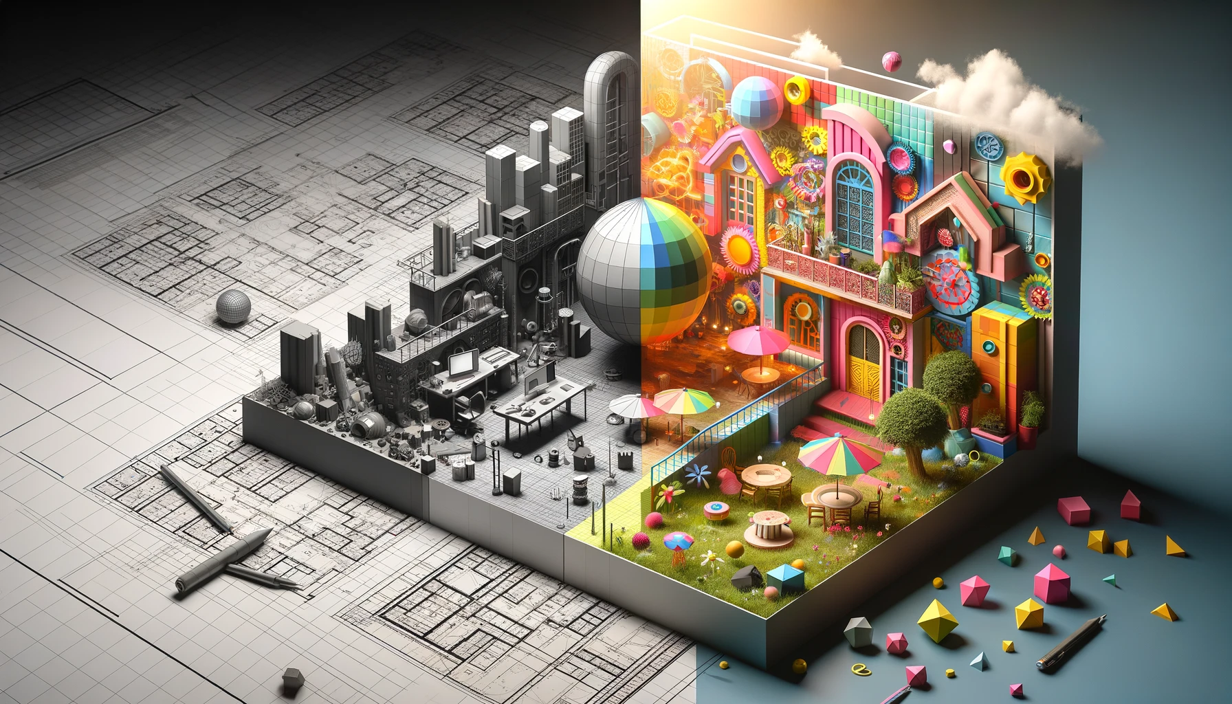 Split scene image depicting the transition from traditional CAD design, shown in grayscale with architectural blueprints, to vibrant, real-time 3D rendering, featuring colorful, detailed textures and immersive environments.