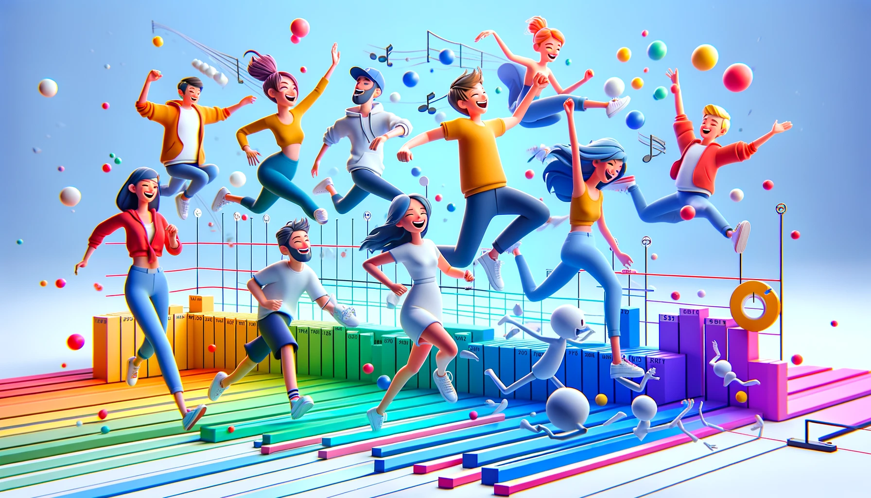 Animated 3D characters in various dynamic poses and emotions, set against a colorful backdrop with timeline bars and keyframe markers, showcasing the lively transition from static to animated forms.