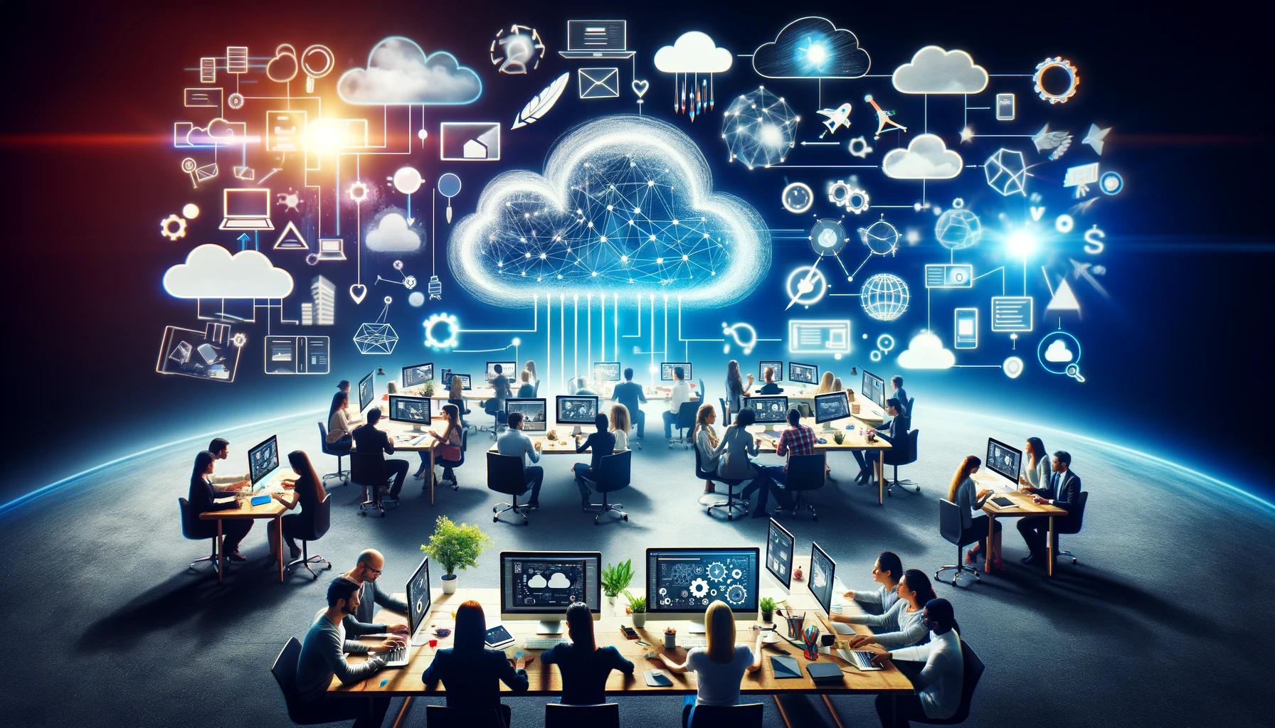 Diverse group of designers and artists collaborating on a shared digital project through various devices connected by clouds and digital networks, symbolizing global teamwork and creativity enabled by cloud technology.