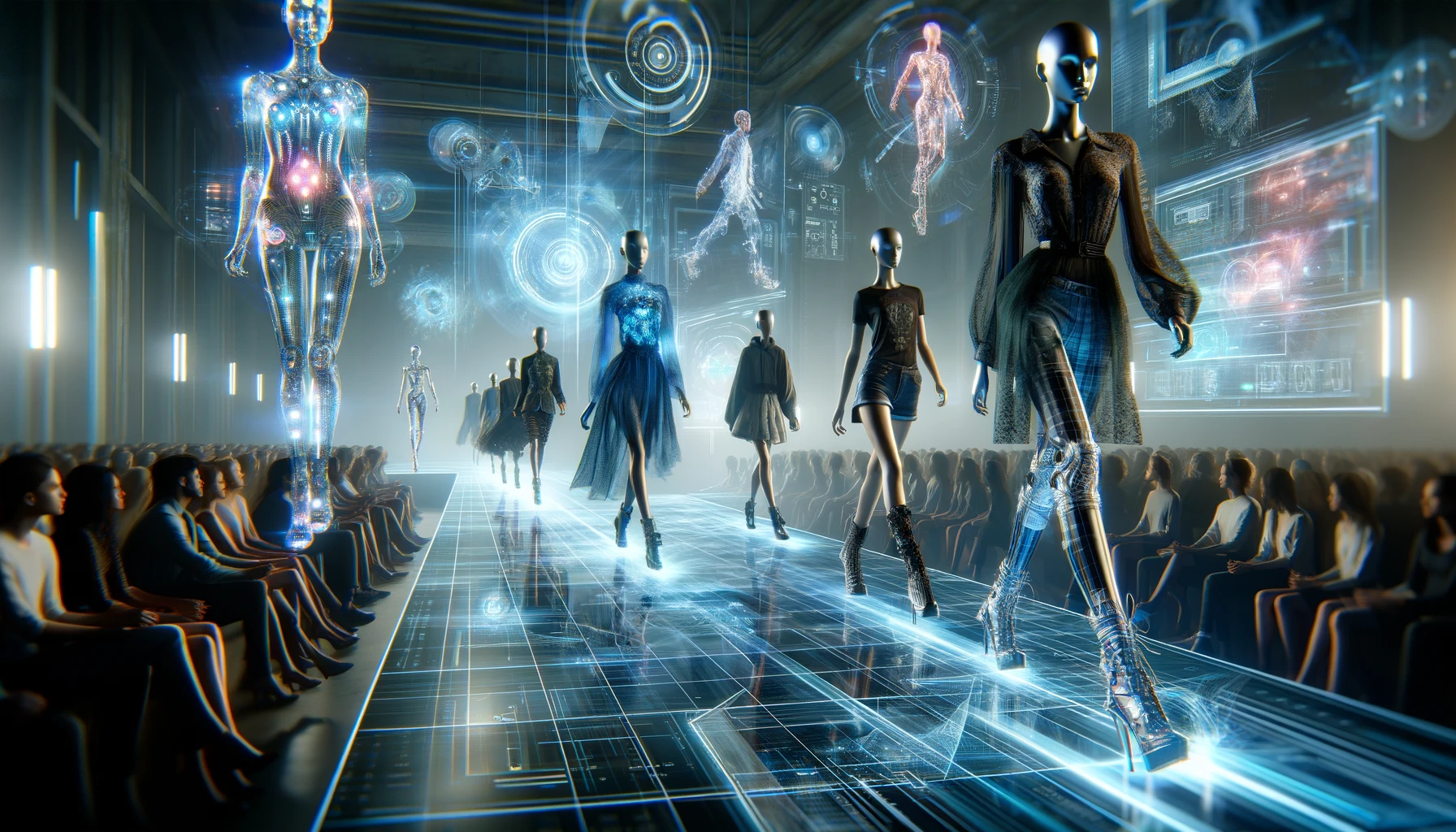 Virtual runway scene with digital models wearing avant-garde, 3D modeled outfits against a dynamic, futuristic backdrop, showcasing the blend of technology and fashion in the industry.