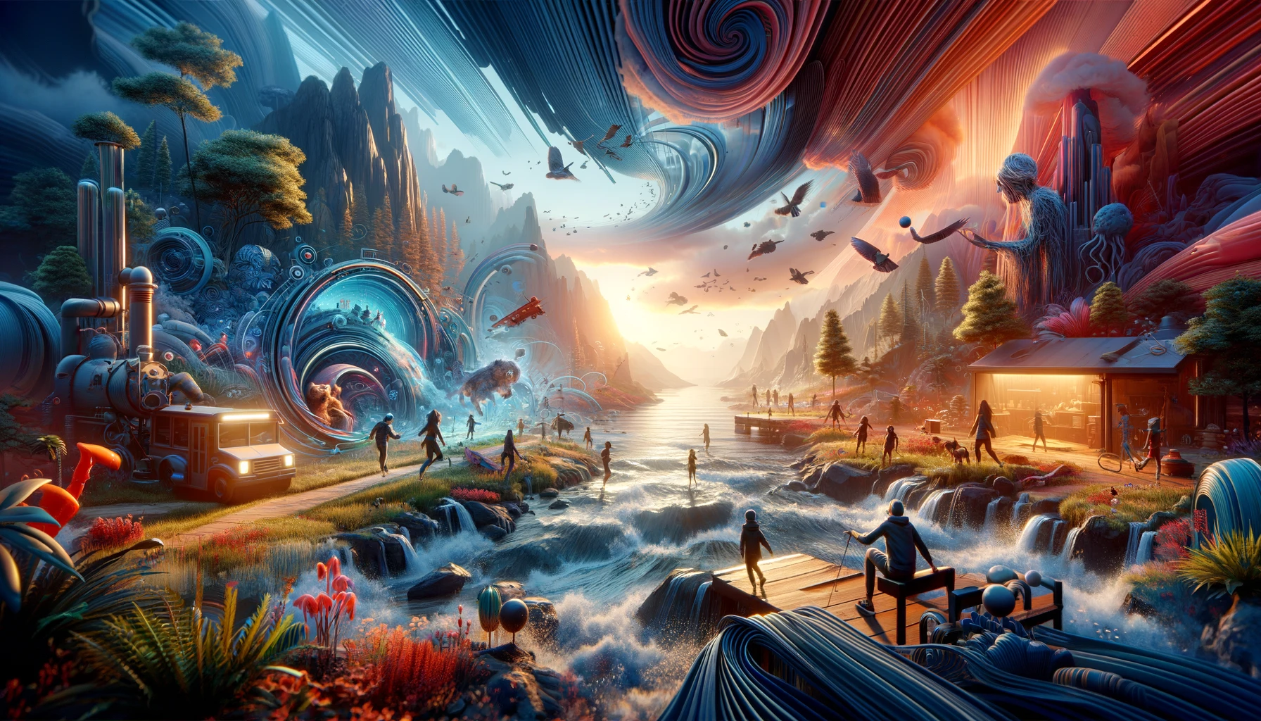 Vibrant 3D narrative scene with characters and dynamic environments, showcasing movement, emotion, and choice, inviting viewers to immerse themselves in the interactive storytelling experience.