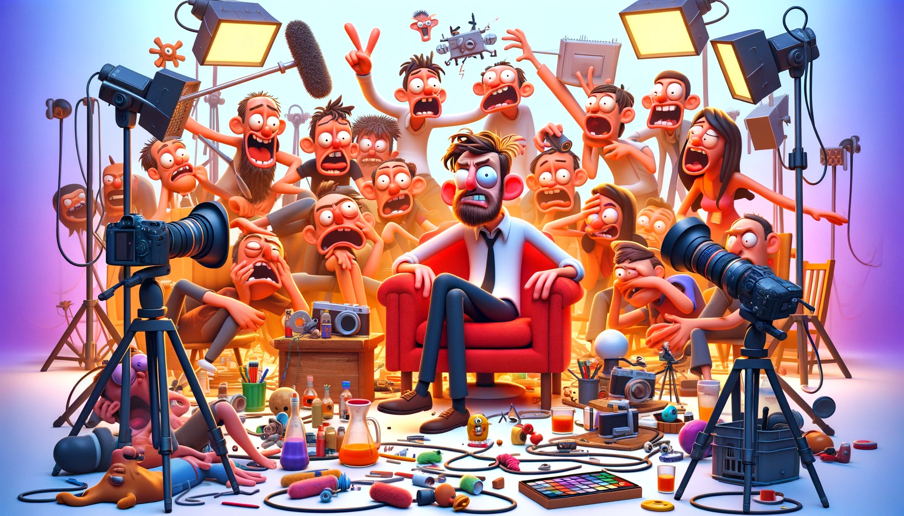 Animated characters in a colorful 3D world experiencing humorous mishaps, showcasing exaggerated expressions and odd poses, symbolizing the playful chaos of 3D animation.