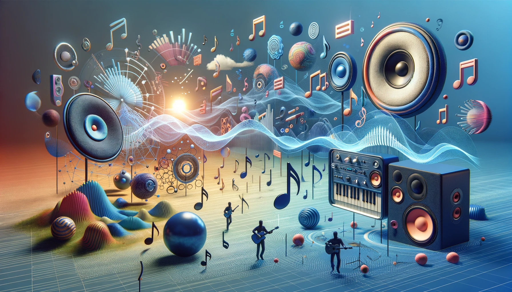A 3D landscape enriched with sound waves, musical notes, and audio icons, depicting characters interacting within a sonically enhanced environment, highlighting the seamless integration of sound in immersive design.